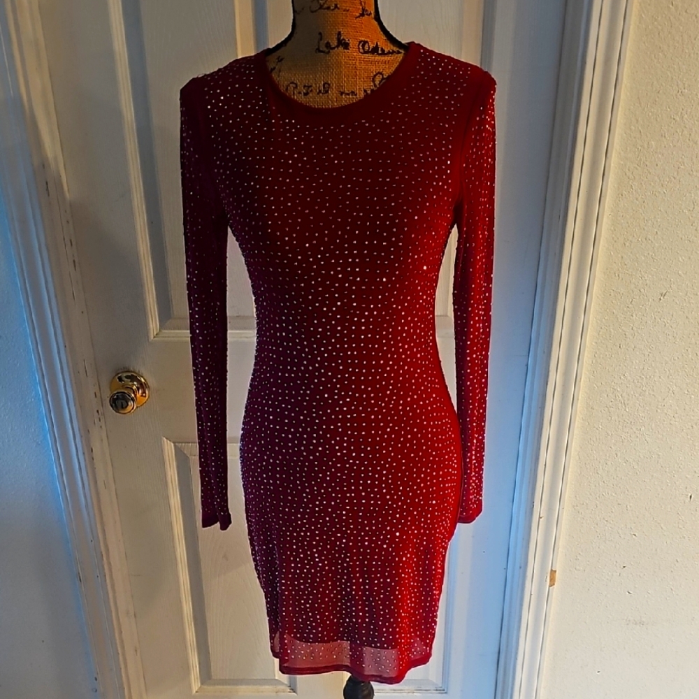 Haute Monde Red Embellished Long Sleeve Bodycon Dress
